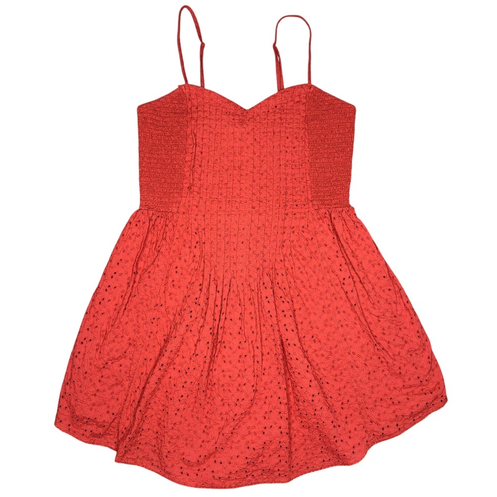 Aerie Sweetheart Smocked Eyelet Embroidered Minidress L Brick Red